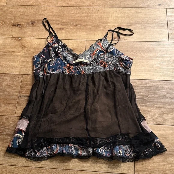 Miss Me 100% Silk black sheer babydoll camisole or chemise with a multi-color - Picture 2 of 5